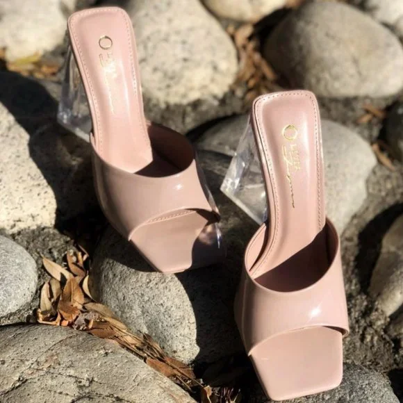 NEW Patent Clear Triangle High Block Heel Square Toe Slip On Sandals Mules Shoes - Picture 6 of 9